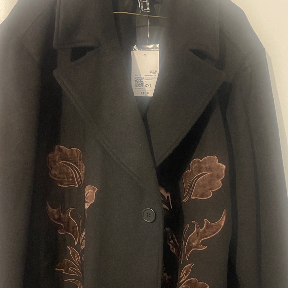 Forever 21 Dark Trench Coat with Floral Accents
